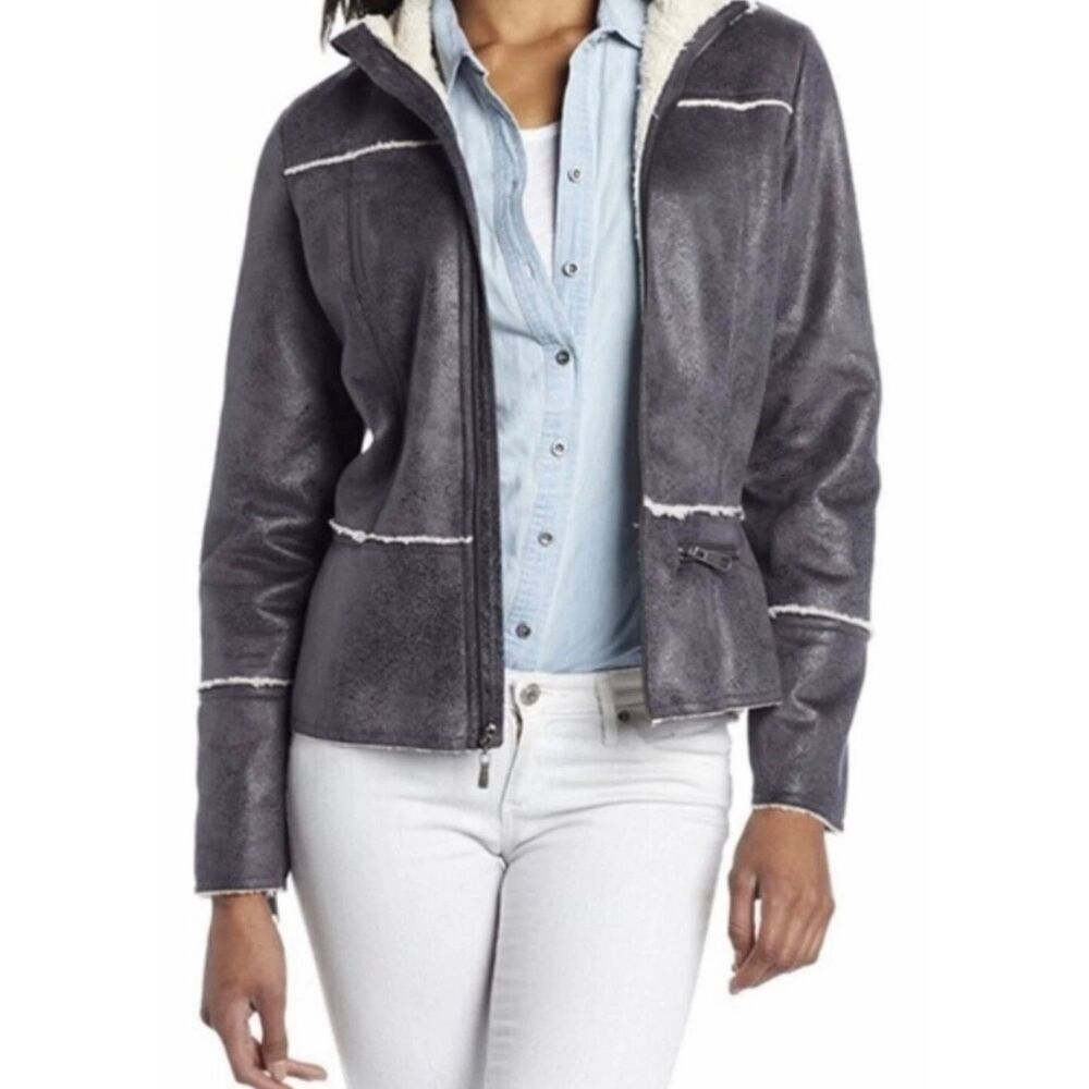 Prana Women’s Esme Faux Sherpa Jacket Faux Suede Embossed Pocket Gray size L